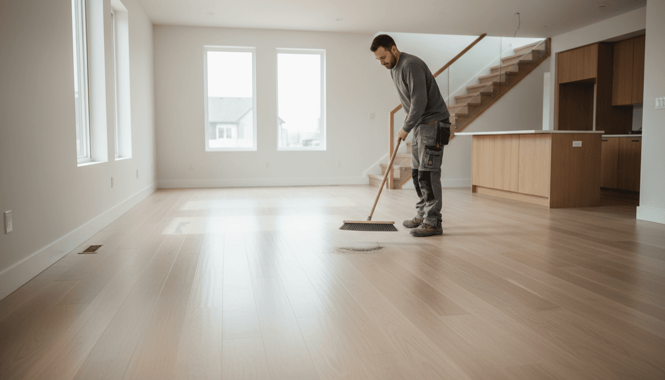 Person completing post-construction cleaning of a newly renovated interior space in Lyon