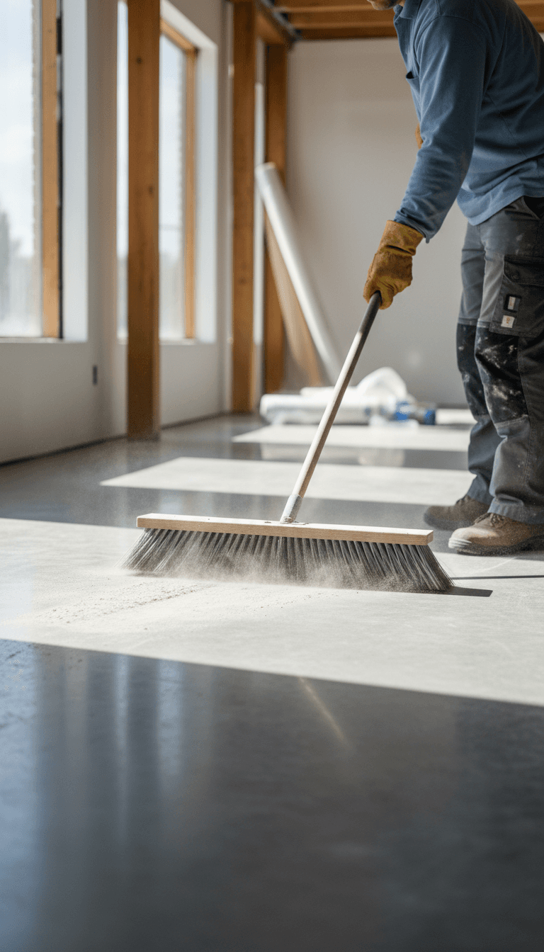 Construction site cleanup in progress with worker sweeping dust from newly finished floor