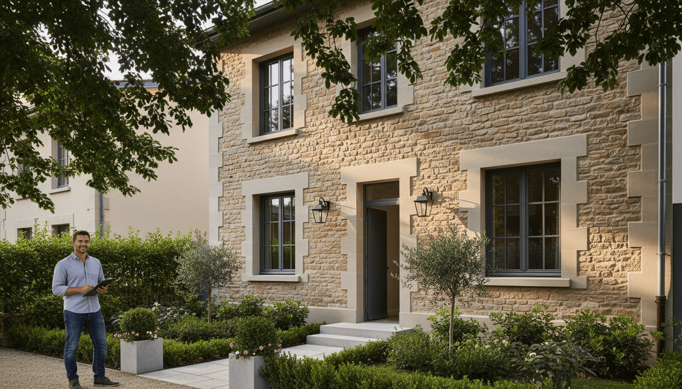 Completed exterior home renovation in Lyon with professional reviewing finished work