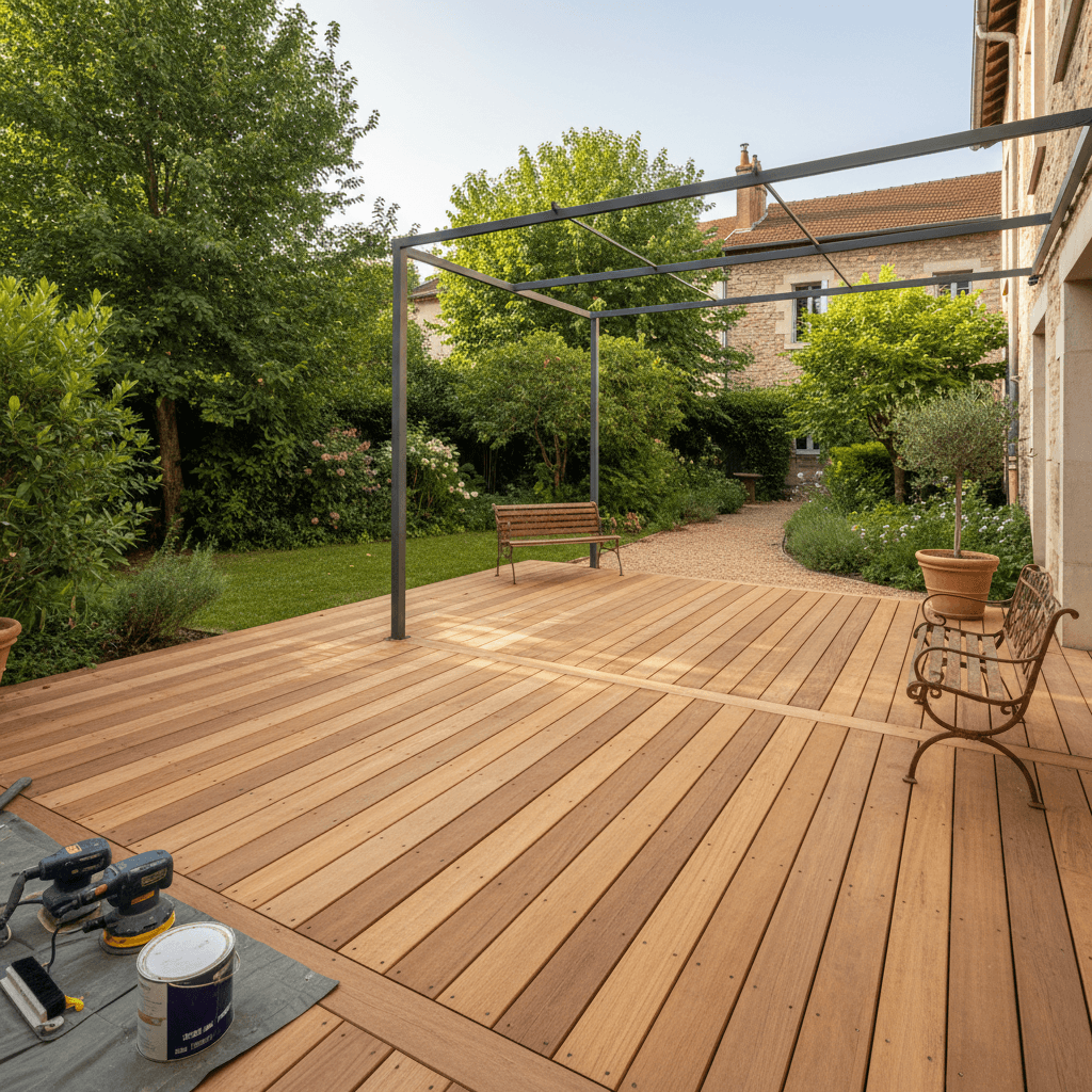 Restored outdoor deck or patio space at Lyon residence