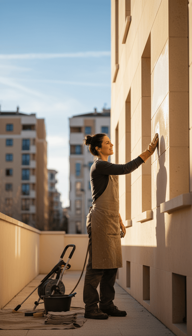Merkora team member inspecting completed post-construction cleaning work on a Lyon residential building